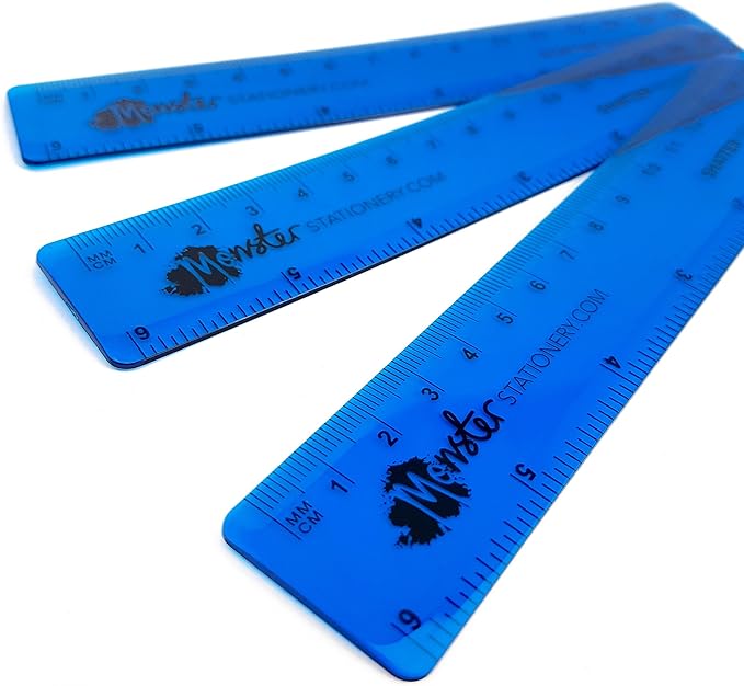 怪物文具 - 6 英寸/15 厘米透明彩色尺子 - 防碎 - 3 件装 - 蓝色